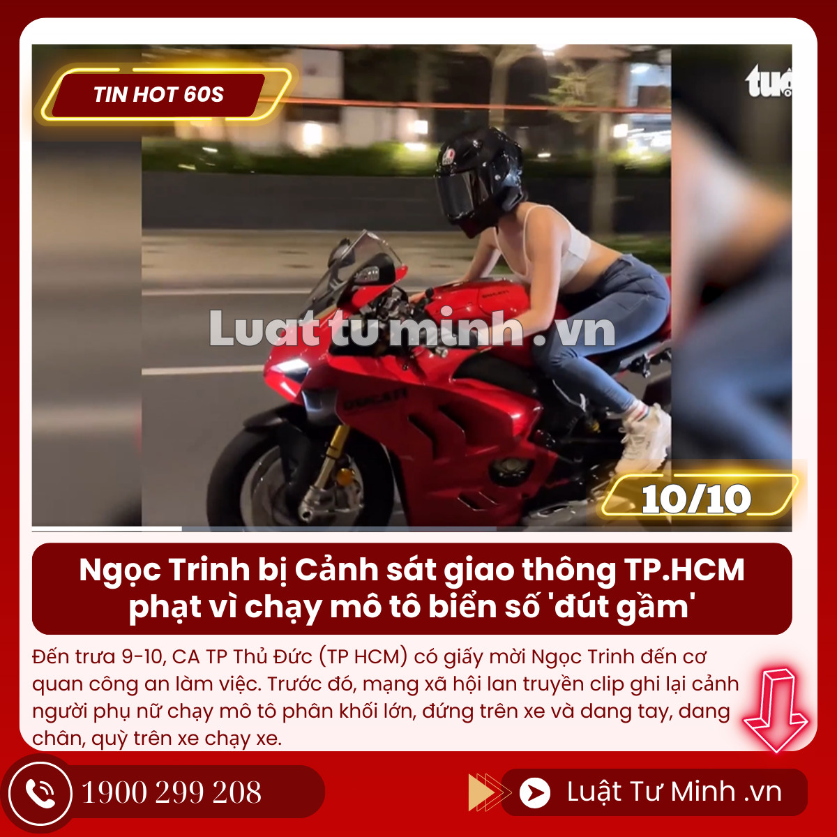 Ngọc Trinh bị Cảnh sát giao thông TP.HCM phạt vì chạy mô tô biển số 'đút gầm' - Luật Tư Minh