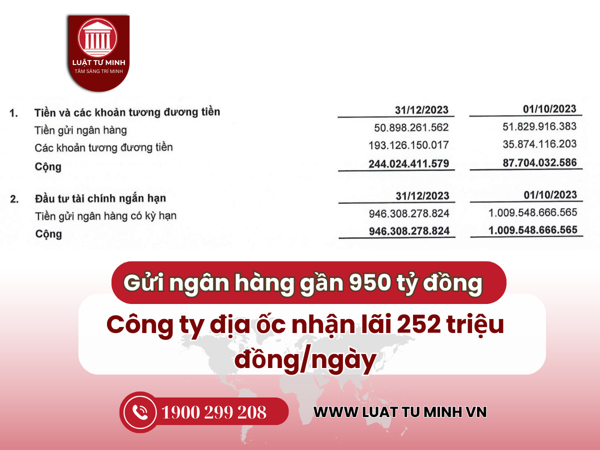 Gửi ngân hàng gần 950 tỷ đồng, công ty địa ốc nhận lãi 252 triệu đồng/ngày